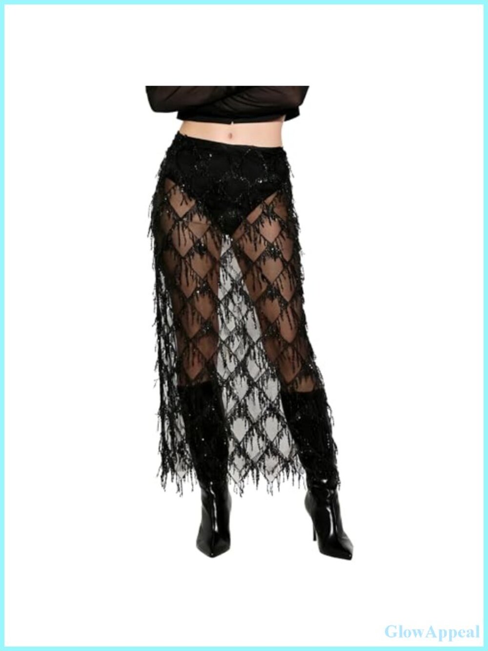 Sequin Fringe Midi Skirt Sheer Mesh Tassel A-Line Night Out